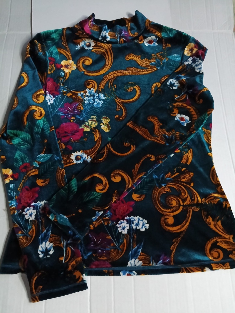 Guess Velvet Floral Scroll Print Mock Neck Top - Teal, Gold, Pink, White